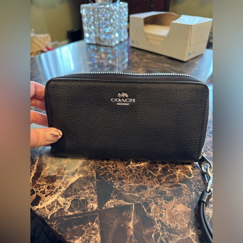 Coach Black Pebbled Leather Zip Around Wallet